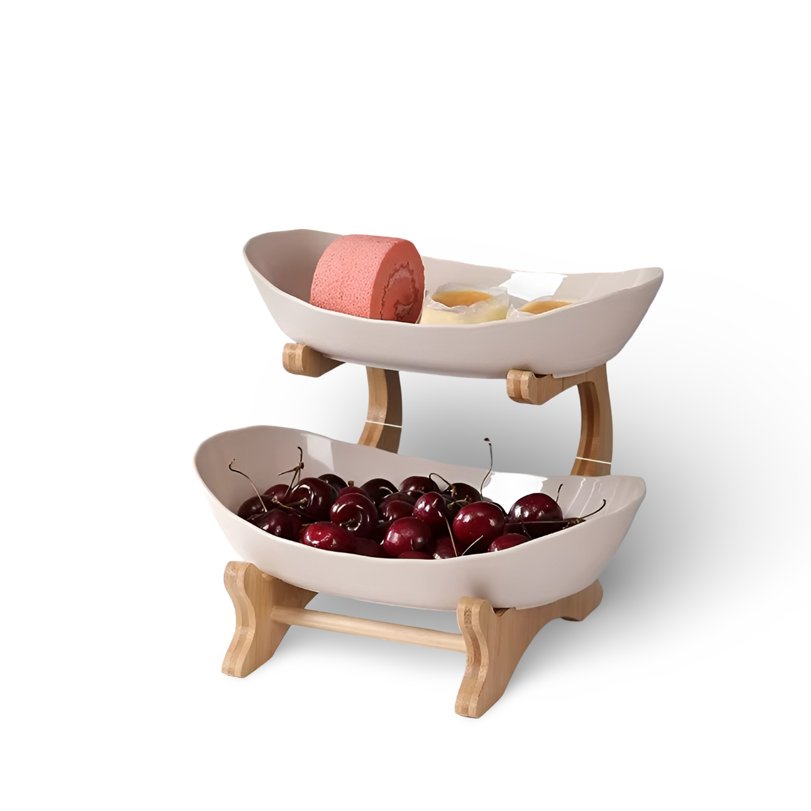 Fitlybuy two-tier white ceramic fruit bowl with light wooden stand, filled with cherries and pastries.
