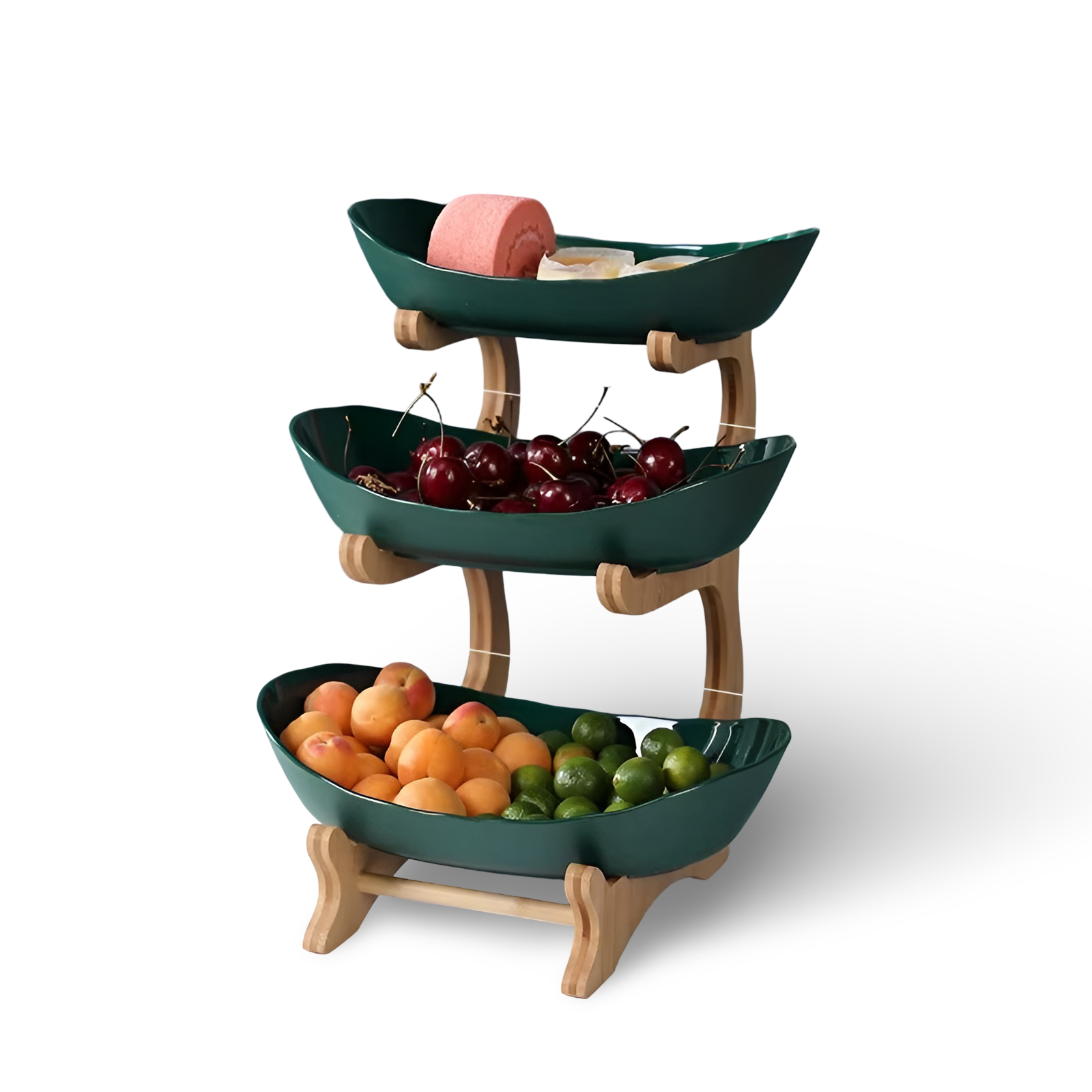 Fitlybuy 3-tier wooden stand with dark green boat-shaped bowls, filled with snacks, cherries, apricots, and limes.