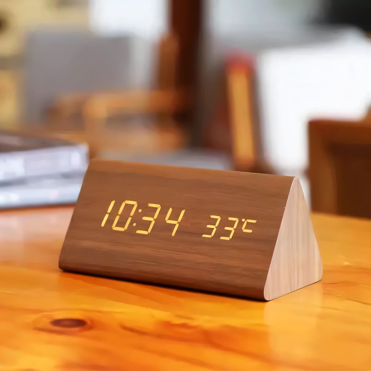 Triangular wooden LED digital alarm clock showing time and temperature, sitting on a wooden table.