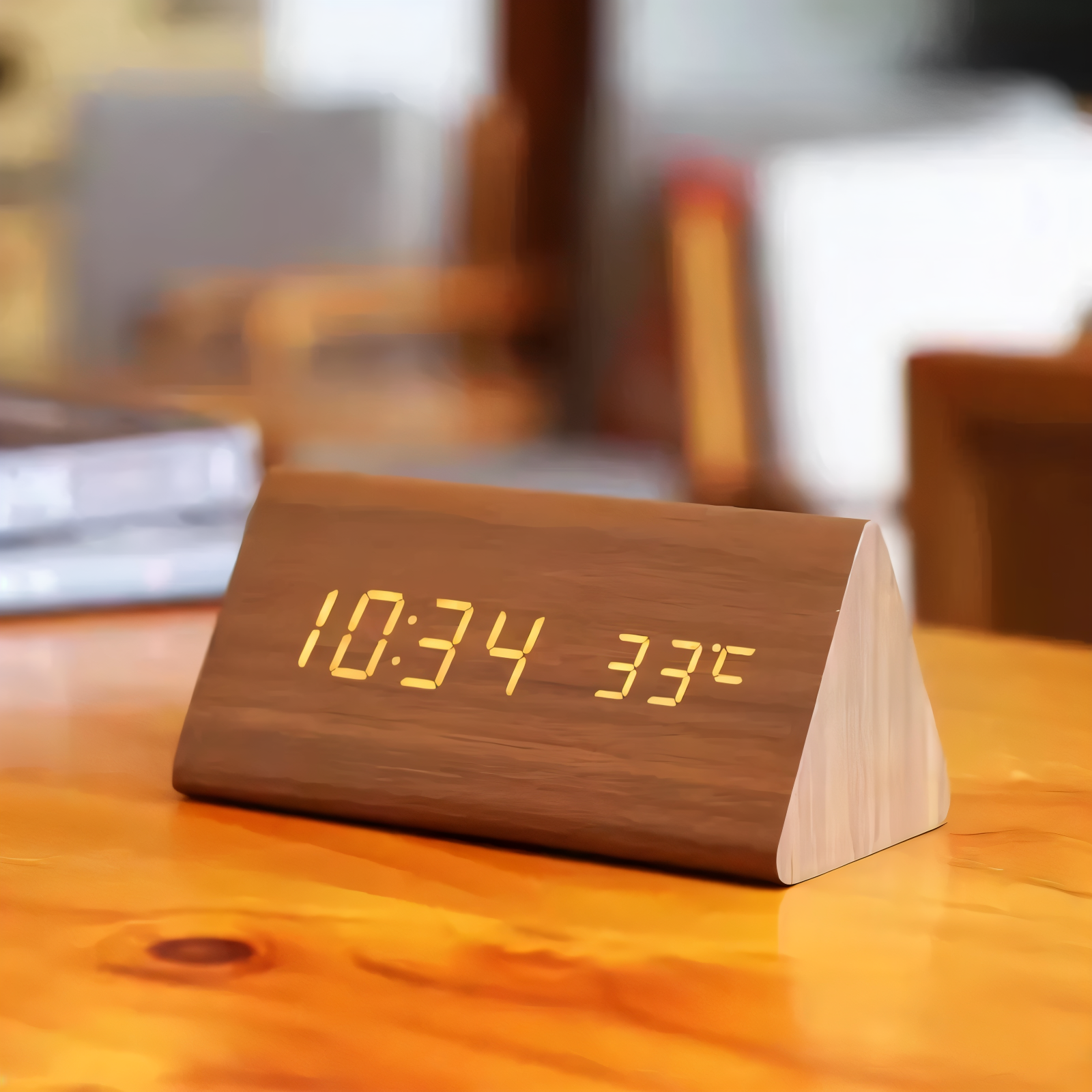 Triangular wooden LED digital alarm clock showing time and temperature, sitting on a wooden table.