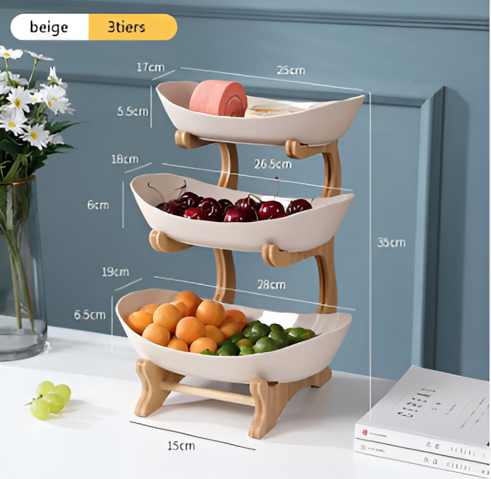 Fitlybuy 3-tier beige bowl stand with wooden frame, displaying fruit on a white surface with dimensions labeled.