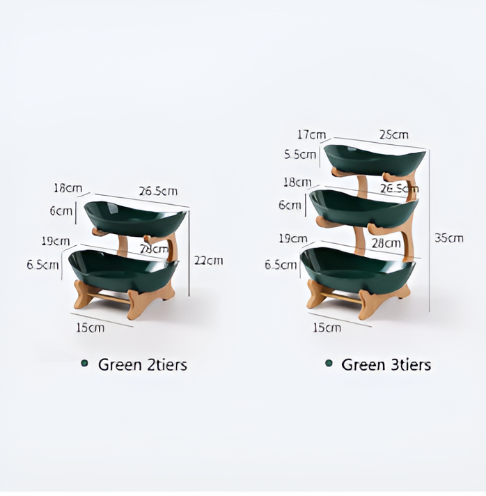 Fitlybuy 2 and 3-tier wooden fruit bowls with dark green trays and dimension labels on a white background.