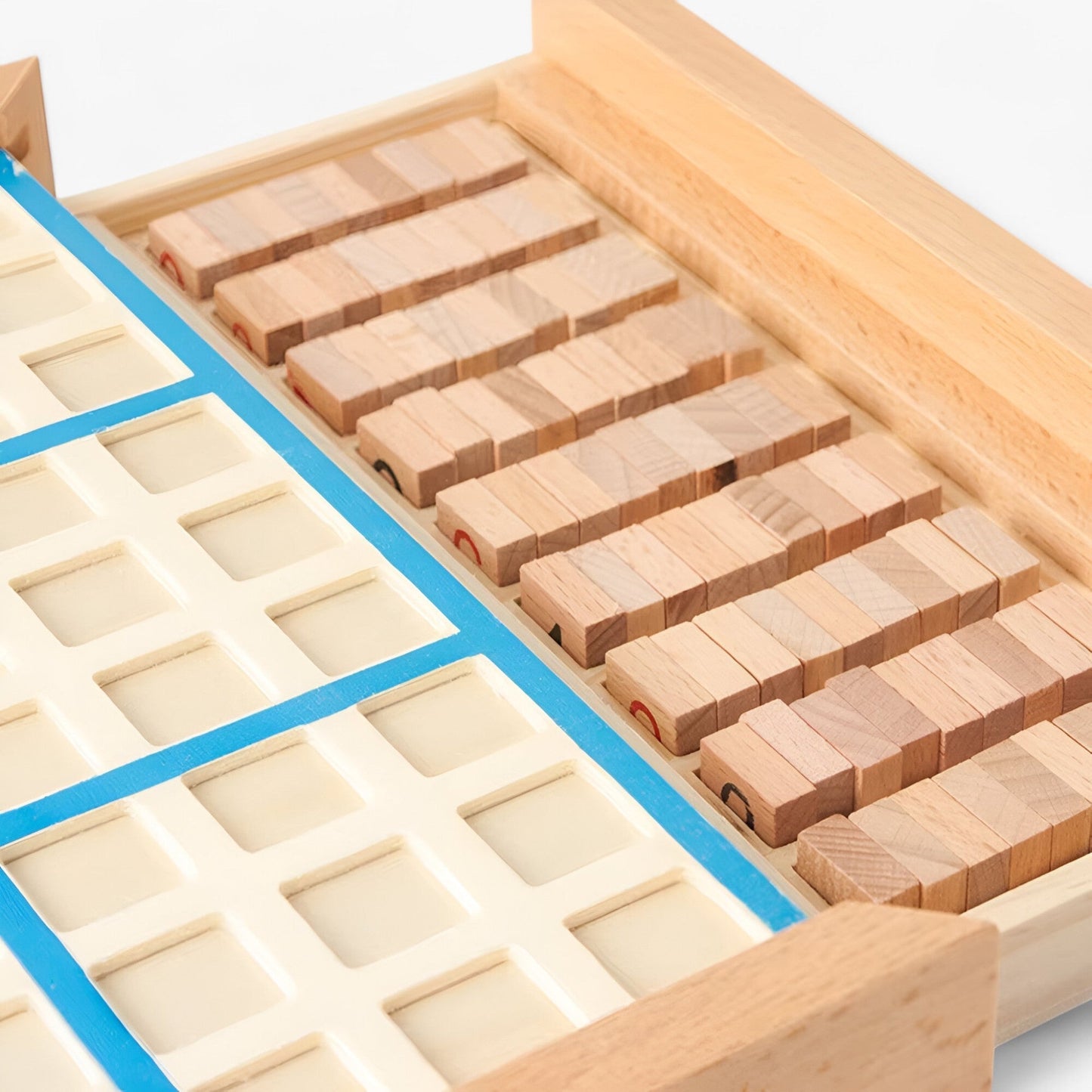 Fitlybuy wooden Sudoku board with a blue grid, open storage drawer, and light wood number blocks on a white background.