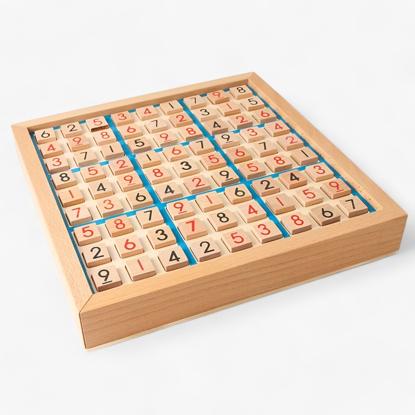 Fitlybuy wooden Sudoku board game with red numbers on light wood blocks, set in a tray with a blue grid design.