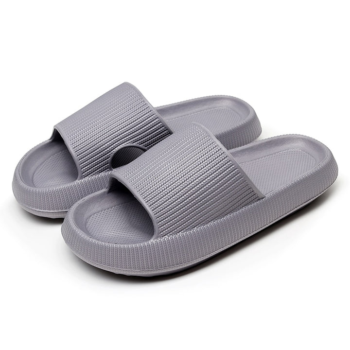 Pair of grey Fitlybuy Cloud Slides with thick, textured ComfortFoam cushioning on a clean white background.
