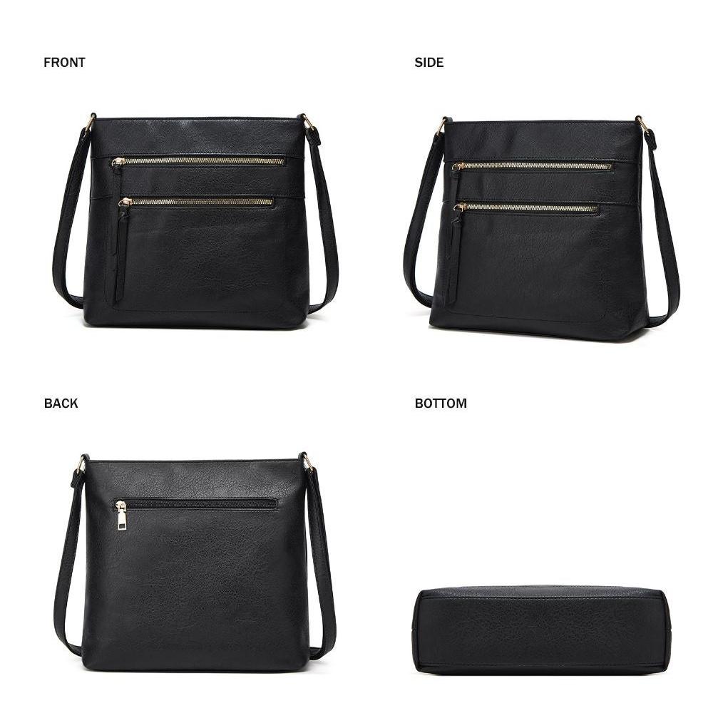 Fitlybuy Nina black genuine leather crossbody bag with front/back zip pockets, gold hardware, and multi-angle views.