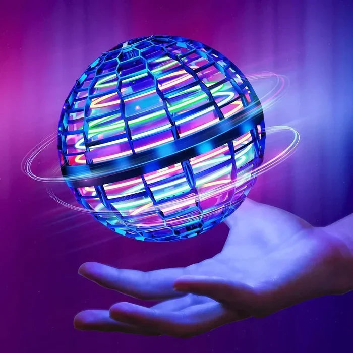 Fitlybuy flying boomerang hover ball with glowing multi-colored LED lights, hovering above an open hand.