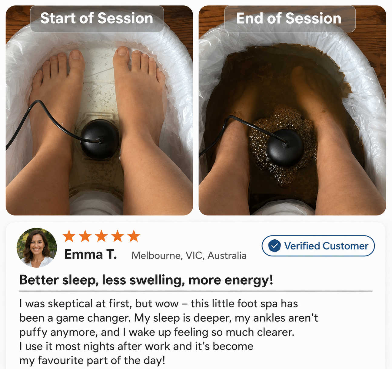Fitlybuy Ionic Foot Spa showing before/after results with clean water becoming dark, murky detox water during a session.
