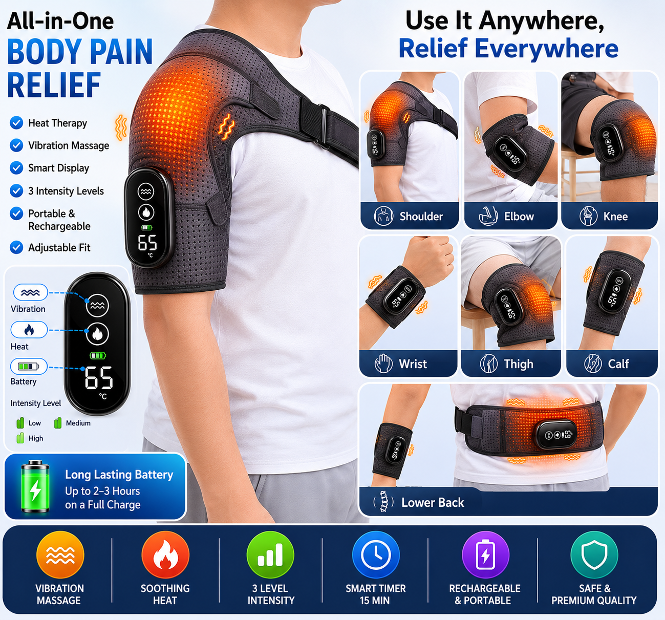 Fitlybuy grey compression brace with heat and vibration on shoulder, elbow, knee, and back. Includes digital controller.