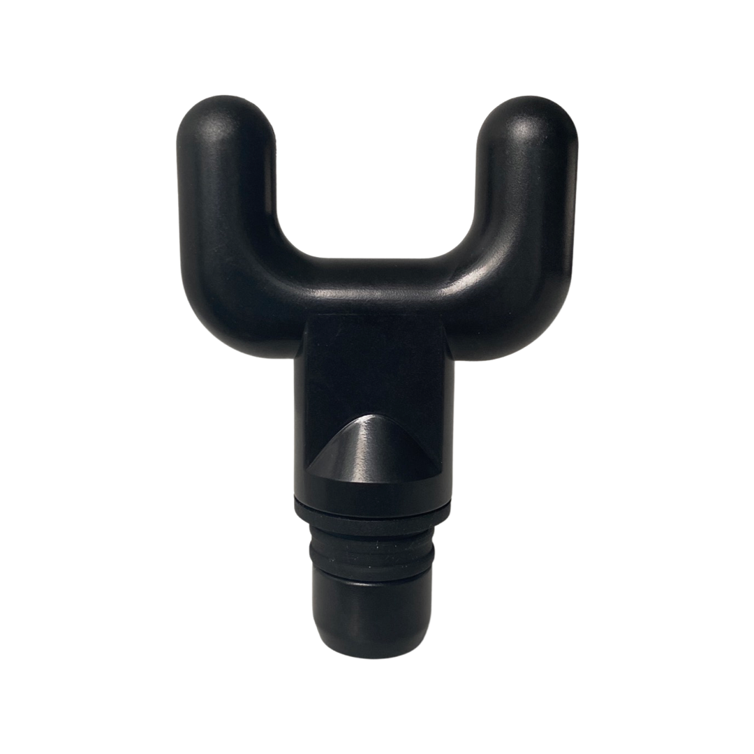 Black U-shaped massage gun replacement head attachment with ergonomic design for deep tissue muscle recovery.