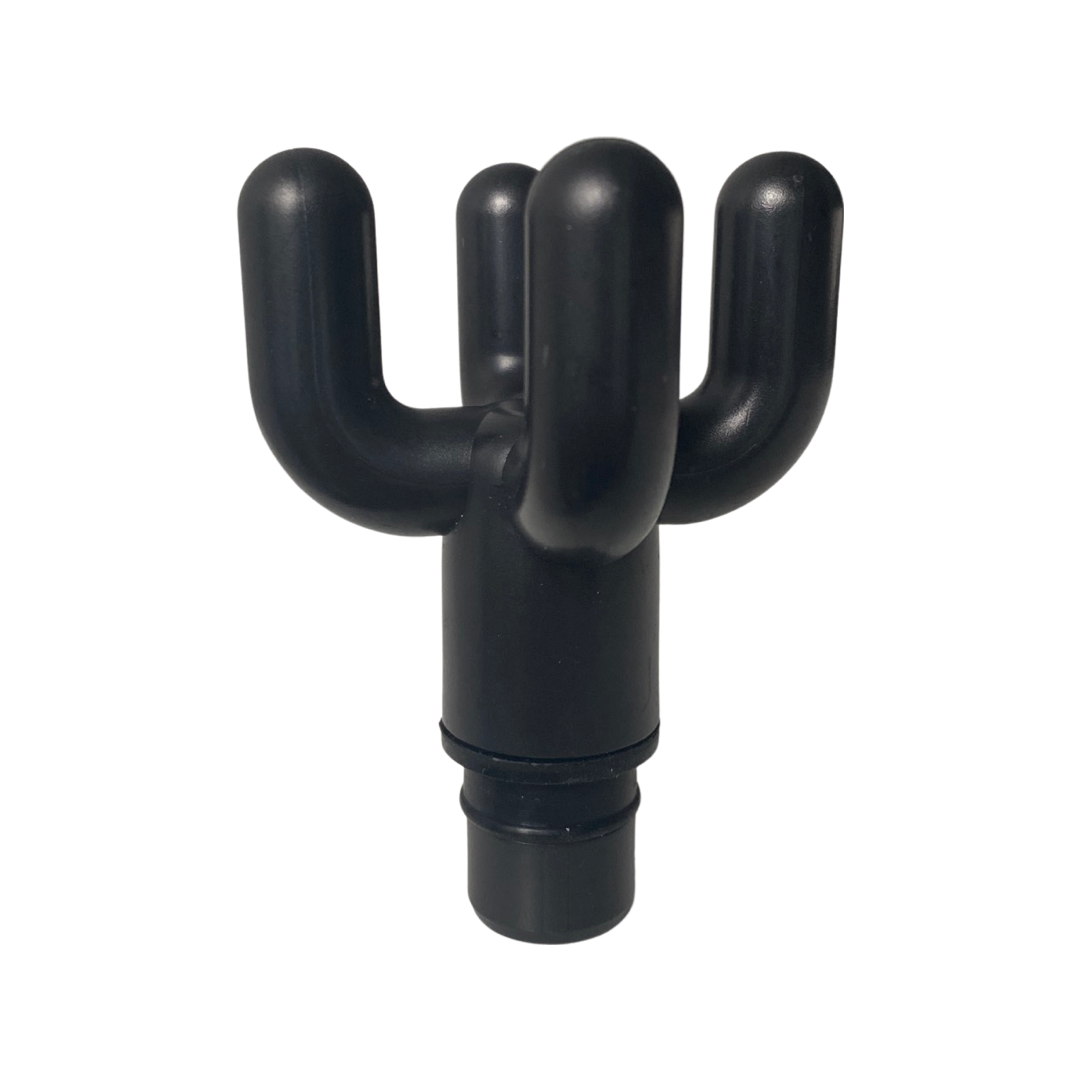 Black Fitlybuy massage gun replacement head with a four-pronged, ergonomic design on a white background.