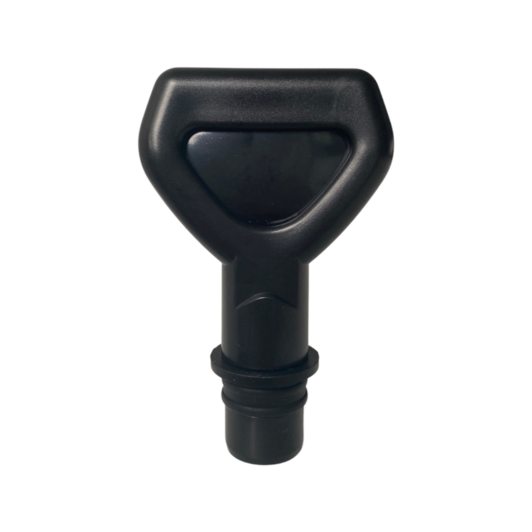 Black wedge-shaped Fitlybuy massage gun replacement head with ergonomic design, isolated on a white background.