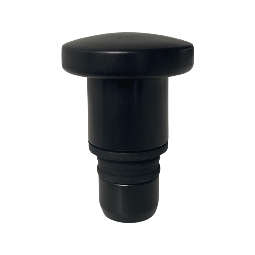 Black Fitlybuy massage gun replacement head with a flat, circular top and ridged connector against a white background.