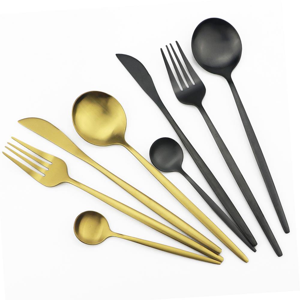 Fitlybuy Torin matte minimalist cutlery set featuring gold and black stainless steel forks, knives, and spoons.