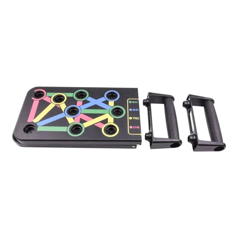 Black folding push-up board with color-coded muscle group training slots and two detachable ergonomic hand grips.
