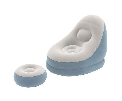 Fitlybuy blue and grey inflatable air chair with matching ottoman, featuring a cozy, ergonomic, UltraComfort design.