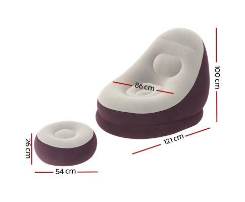 Fitlybuy inflatable grey and dark purple chair and ottoman set with dimensions shown for scale and comfort.