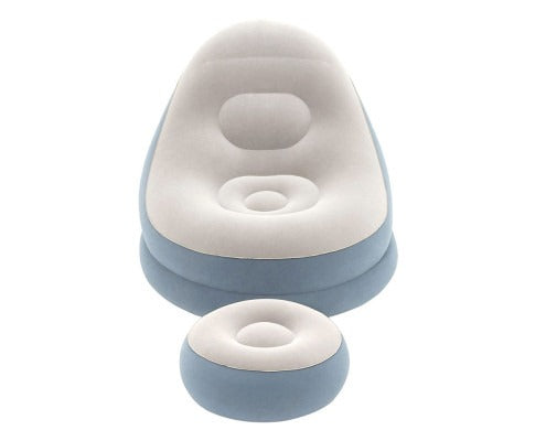 Fitlybuy inflatable blue and cream air chair with matching ottoman, featuring a contoured, supportive design.