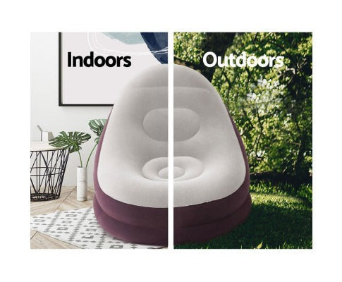 Fitlybuy inflatable air chair with grey seat and plum sides, shown in both indoor and outdoor settings.