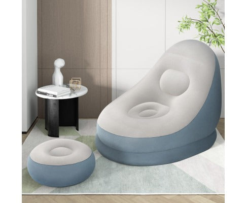 Fitlybuy grey and blue inflatable air chair with matching ottoman, featuring comfortable support in a modern room.