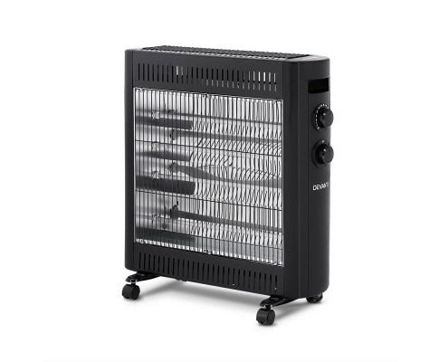Black 2200W Fitlybuy infrared heater with EnergySmart technology, featuring three heating bars and portable wheels.
