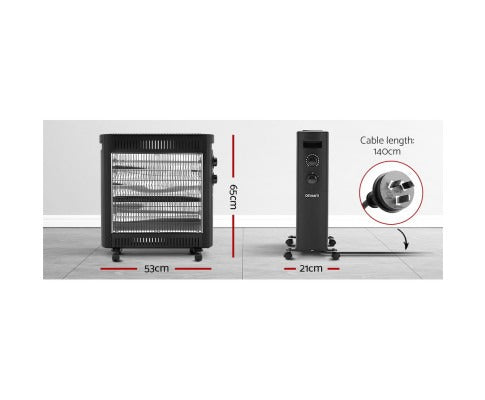 Fitlybuy 2200W black infrared heater with EnergySmart technology, showing dimensions and 140cm power cable plug.