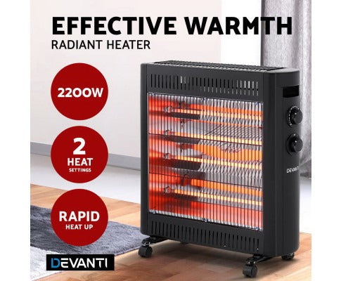 Fitlybuy 2200W infrared heater in black on casters, featuring glowing heating elements and two manual control dials.