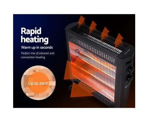 Black Fitlybuy 2200W infrared heater glowing orange with rapid heating and 25m² room coverage graphic.