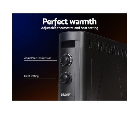 Black Fitlybuy 2200W infrared heater, highlighting control dials for the adjustable thermostat and heat settings.