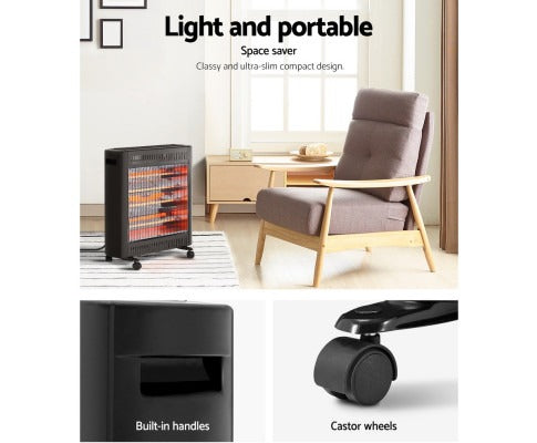 Fitlybuy black infrared heater in a living room, highlighting its slim design, built-in handle, and castor wheels.