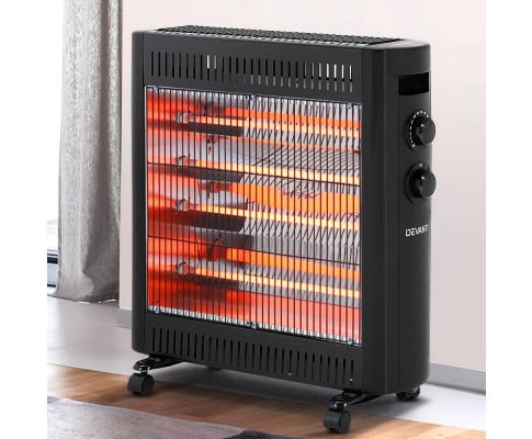 Fitlybuy 2200W infrared heater with glowing orange elements, black frame, and wheels, standing in a room.