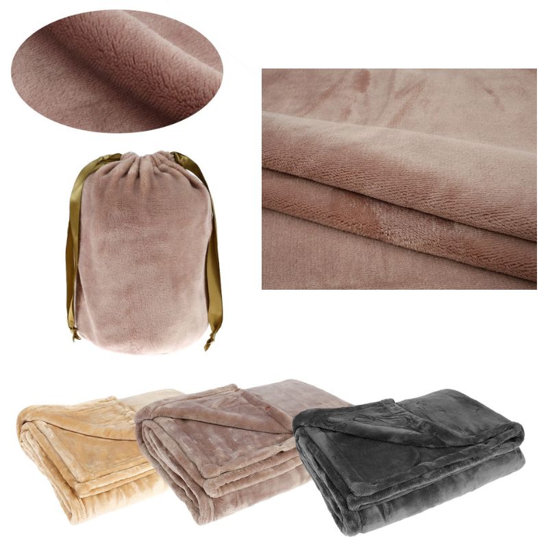 Fitlybuy cordless electric flannel blankets in beige, pink, and grey with a matching drawstring storage bag.