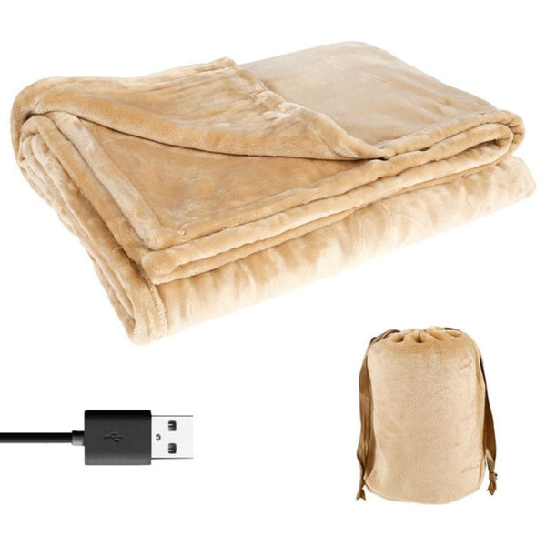 Beige flannel cordless electric heated blanket, USB charging cable, and matching drawstring storage bag.