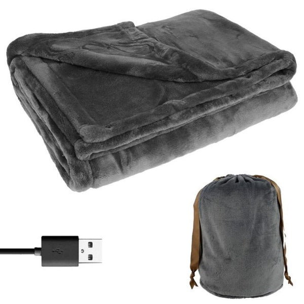 Folded grey flannel USB-rechargeable electric heated blanket with matching drawstring storage bag and USB cable.