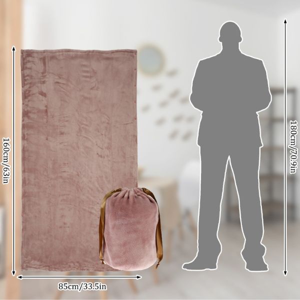 Dusty pink Fitlybuy cordless electric flannel blanket with matching drawstring storage bag, shown with size dimensions.