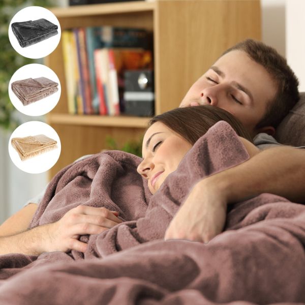 Couple sleeping under a soft, mauve Fitlybuy cordless electric flannel heated blanket. Three color options shown.