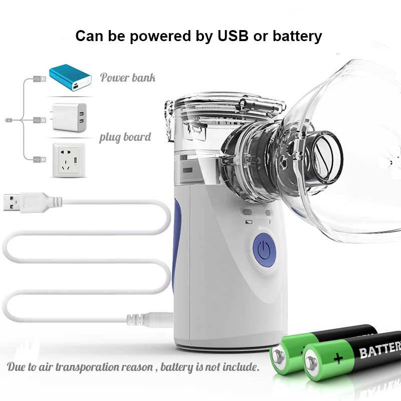 Fitlybuy portable white and blue nebulizer with a clear mask, showing USB or battery power options.