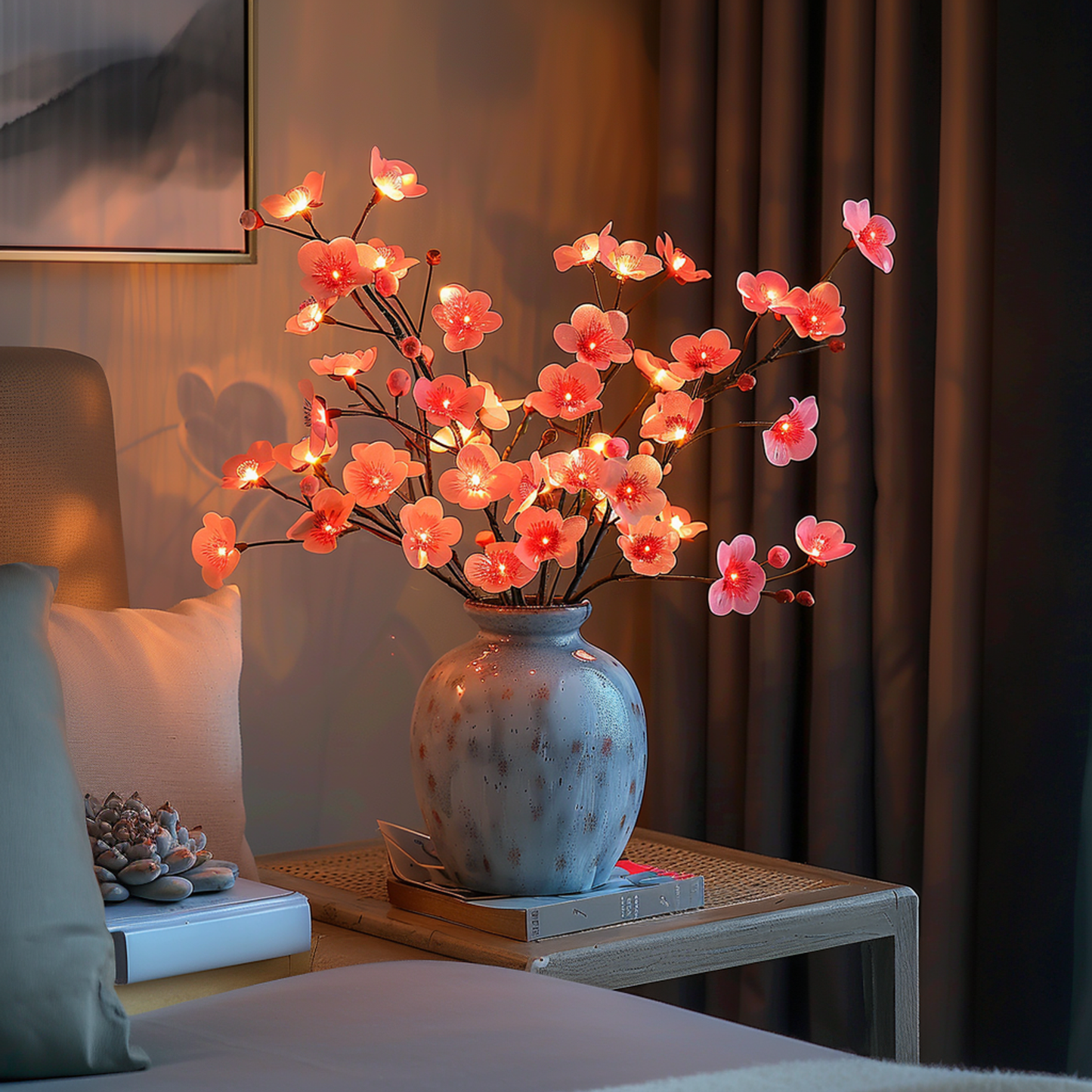 Fitlybuy LumiVista glowing pink LED cherry blossom branch string lights in a rustic vase on a bedside table.