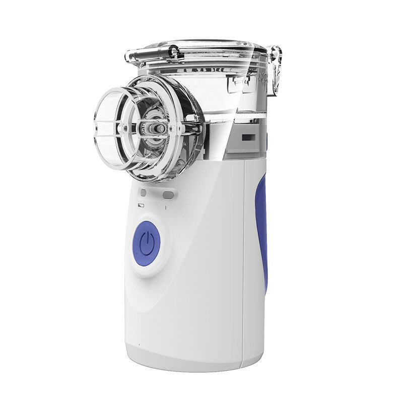 Fitlybuy portable handheld white inhaler nebulizer with clear medication cup, blue power button, and mist technology.
