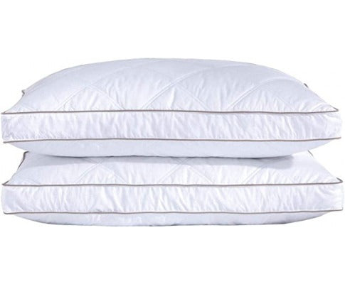Two white Fitlybuy king-size pillows with quilted diamond patterns and grey piping stacked against a white background.