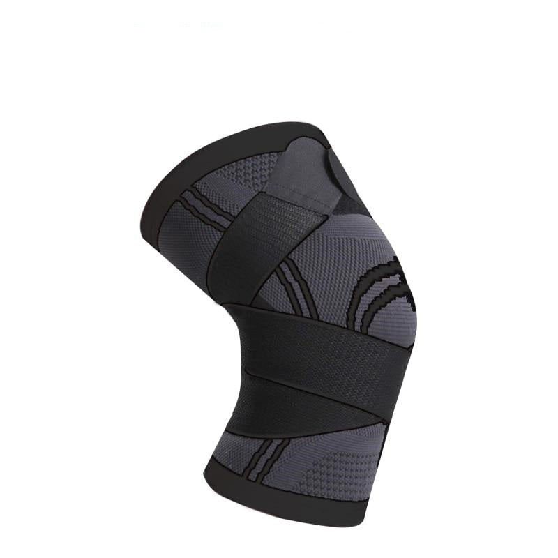 Fitlybuy gray and black compression knee support brace with adjustable cross-straps for fitness and joint comfort.