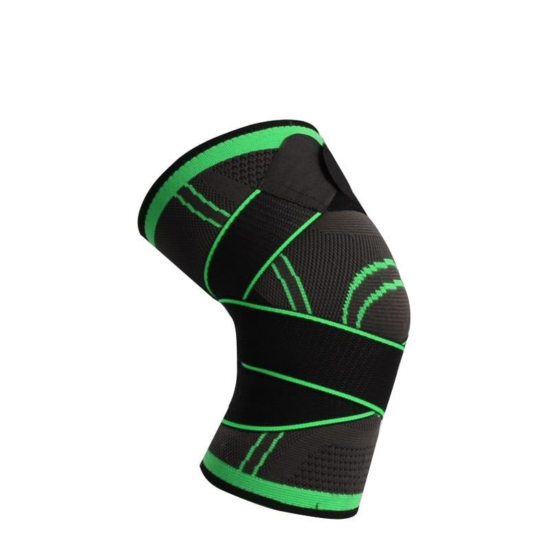 Fitlybuy compression knee brace in black and neon green with adjustable straps for joint support on a white background.