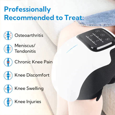Fitlybuy infrared heated knee massager on a person’s leg, featuring a white and black design with digital control panel.