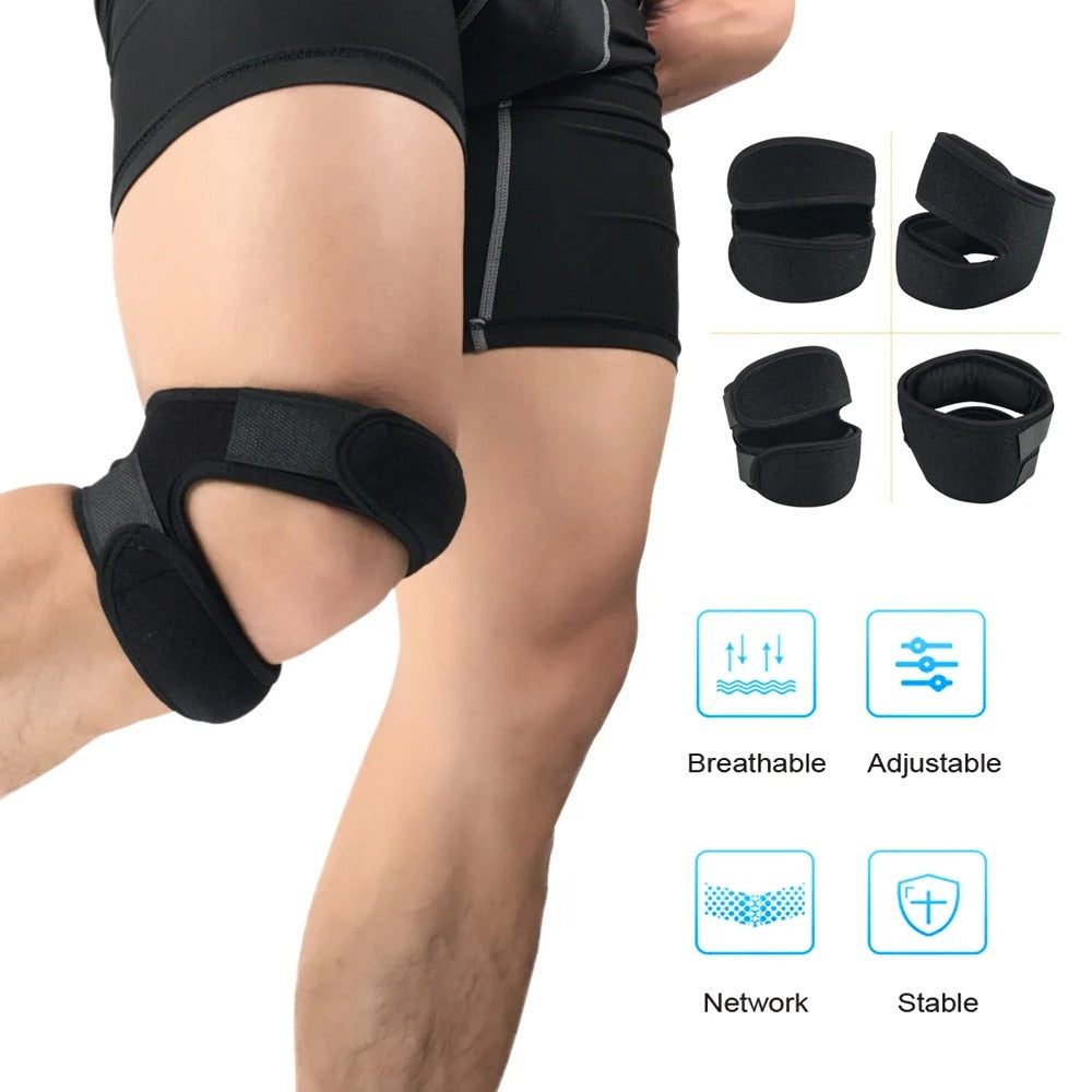 Black adjustable Fitlybuy patella knee strap worn on leg, with product details and feature icons shown on the side.