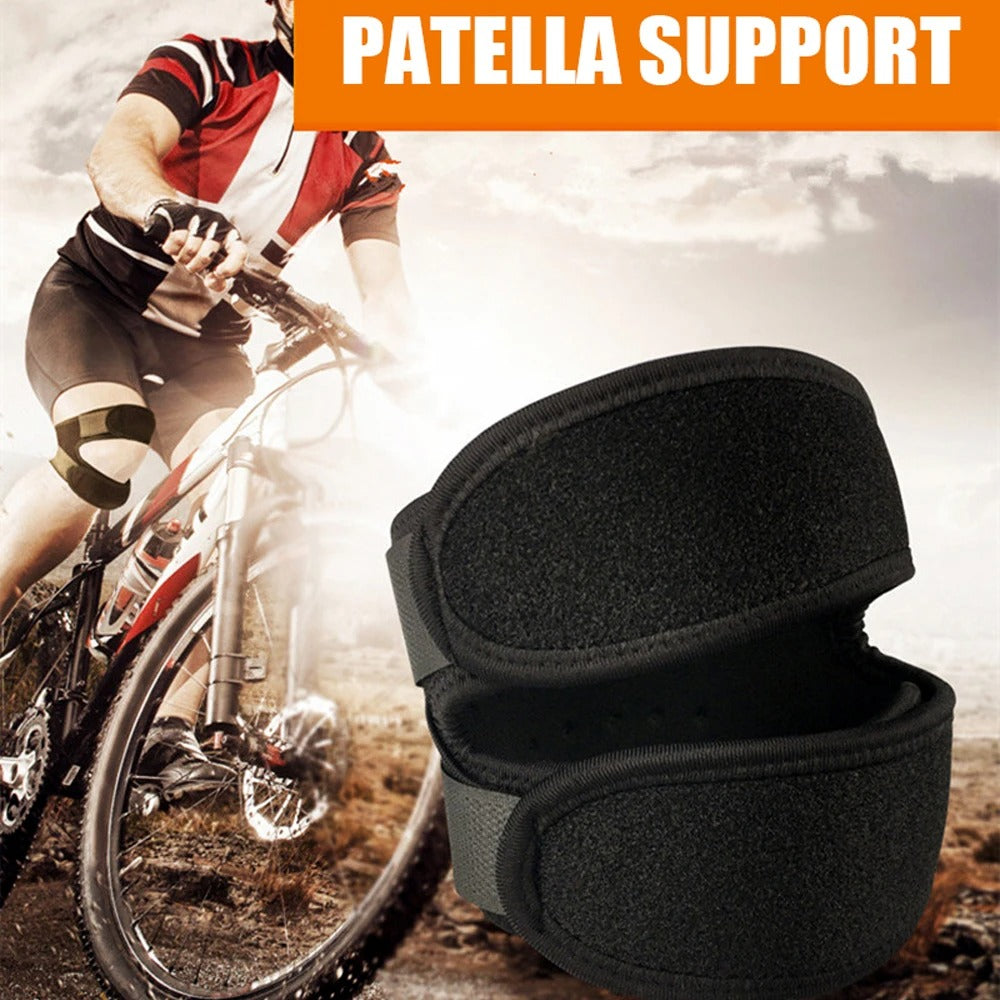 Black adjustable Fitlybuy patella knee strap with compression support, shown on a cyclist in a sports setting.