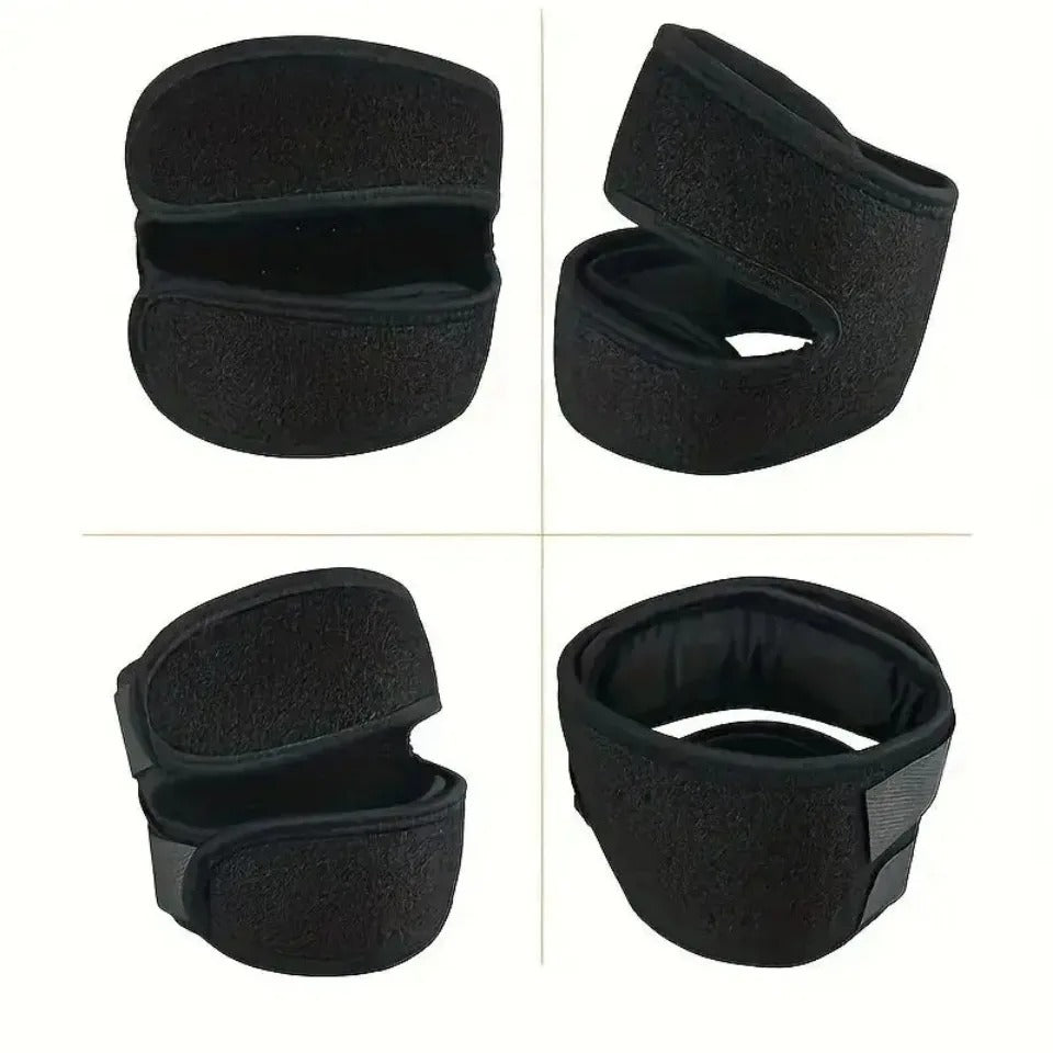 Four views of a black Fitlybuy adjustable knee patella strap, featuring soft compression support and Velcro closures.