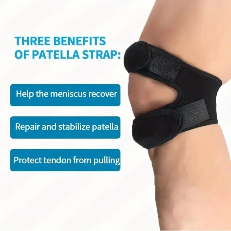Black Fitlybuy adjustable knee patella strap worn on a leg, with text highlighting meniscus and tendon support benefits.