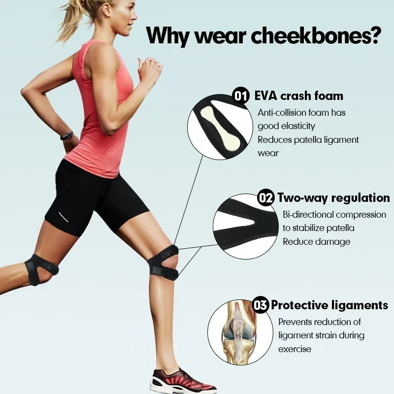 A runner wears black Fitlybuy knee patella straps with adjustable EVA foam compression to stabilize the kneecap.