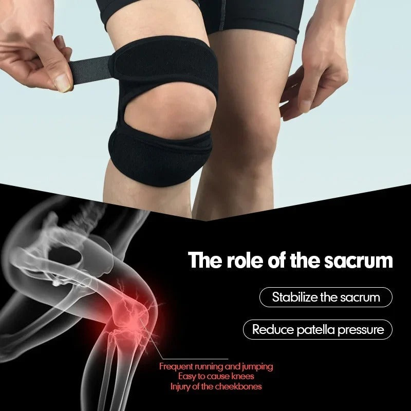 Black Fitlybuy adjustable knee patella strap worn on a person, with a medical diagram showing knee pressure relief.