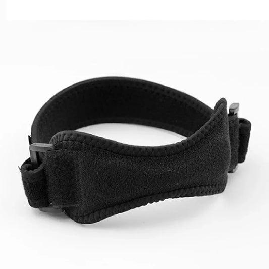 Black Fitlybuy knee patella strap with adjustable compression buckles on a white background.
